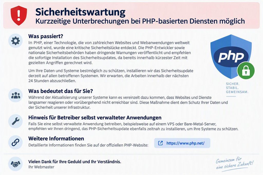 Sicherheitswartung: Kurze Unterbrechungen bei PHP-basierten Diensten möglich